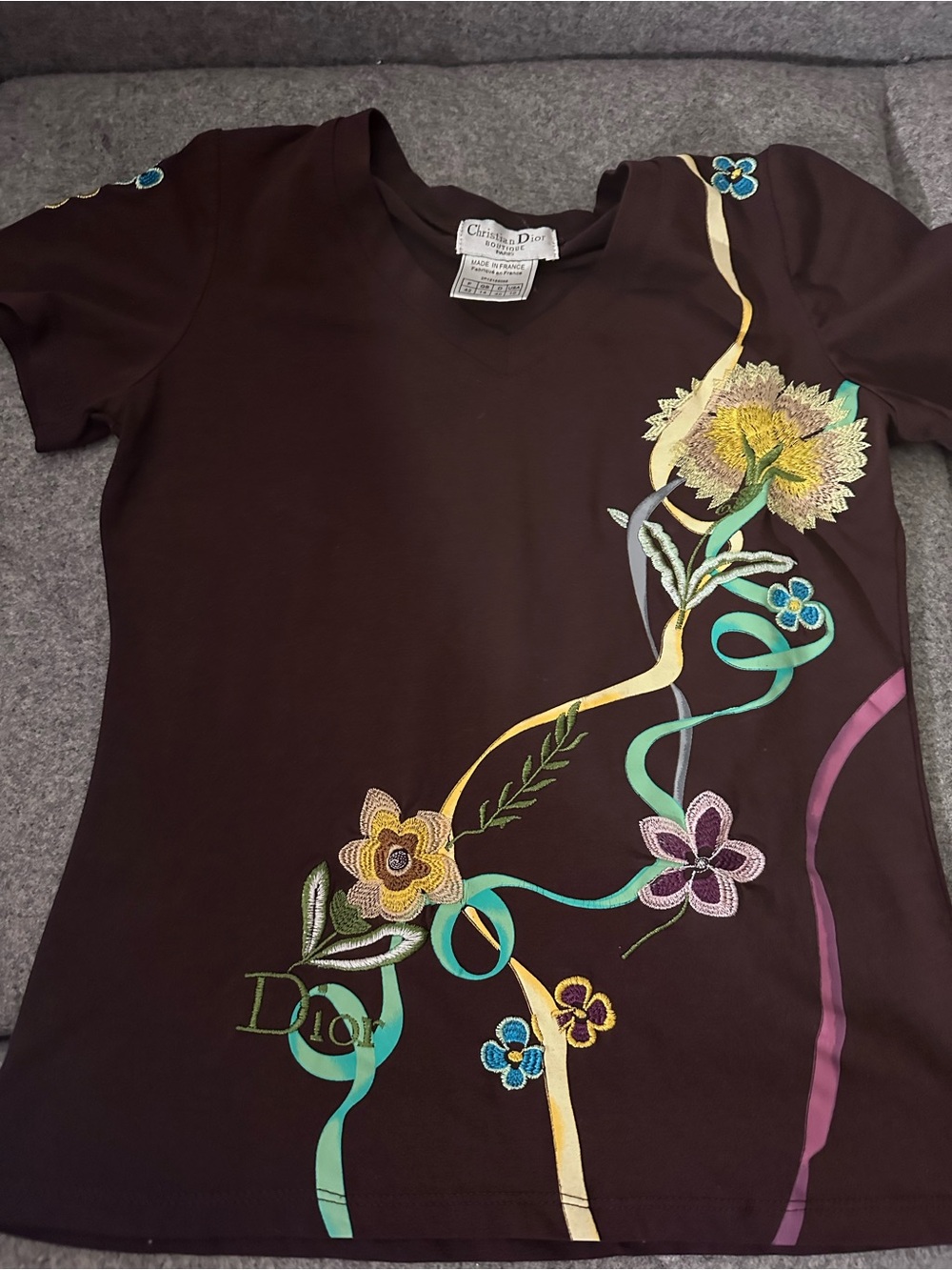 Dior Brown Short Sleeve Tee with Multicolor Floral Ribbon Motif